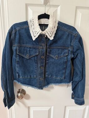 Anthropologie Blue Denim Jacket with White Lace Collar